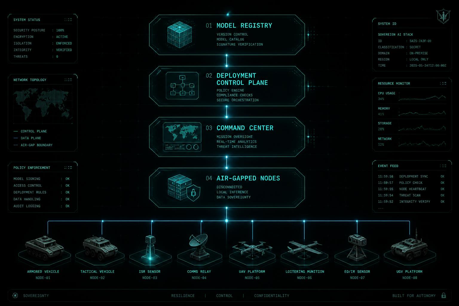 AIxMission sovereign AI deployment stack flowing from model registry to command center to air-gapped edge nodes